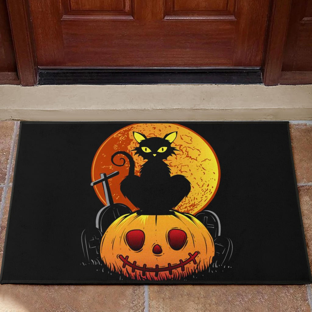 Halloween Black Cat On Pumpkin RIP Yellow Moon Rubber Doormat Home Decor