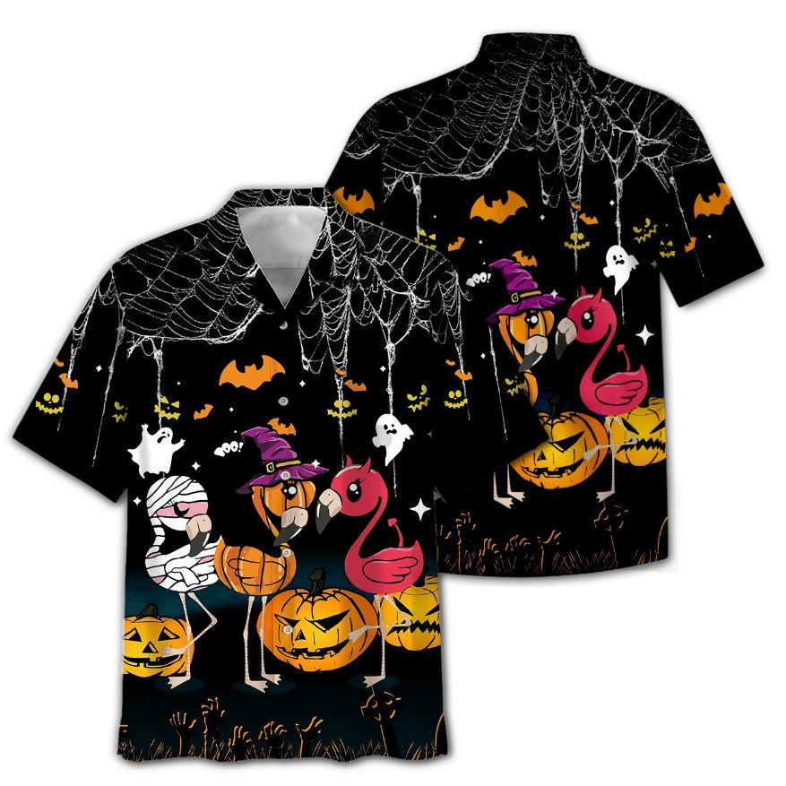 Halloween Flamingo And Pumpkin Print Hawaiian Shirt