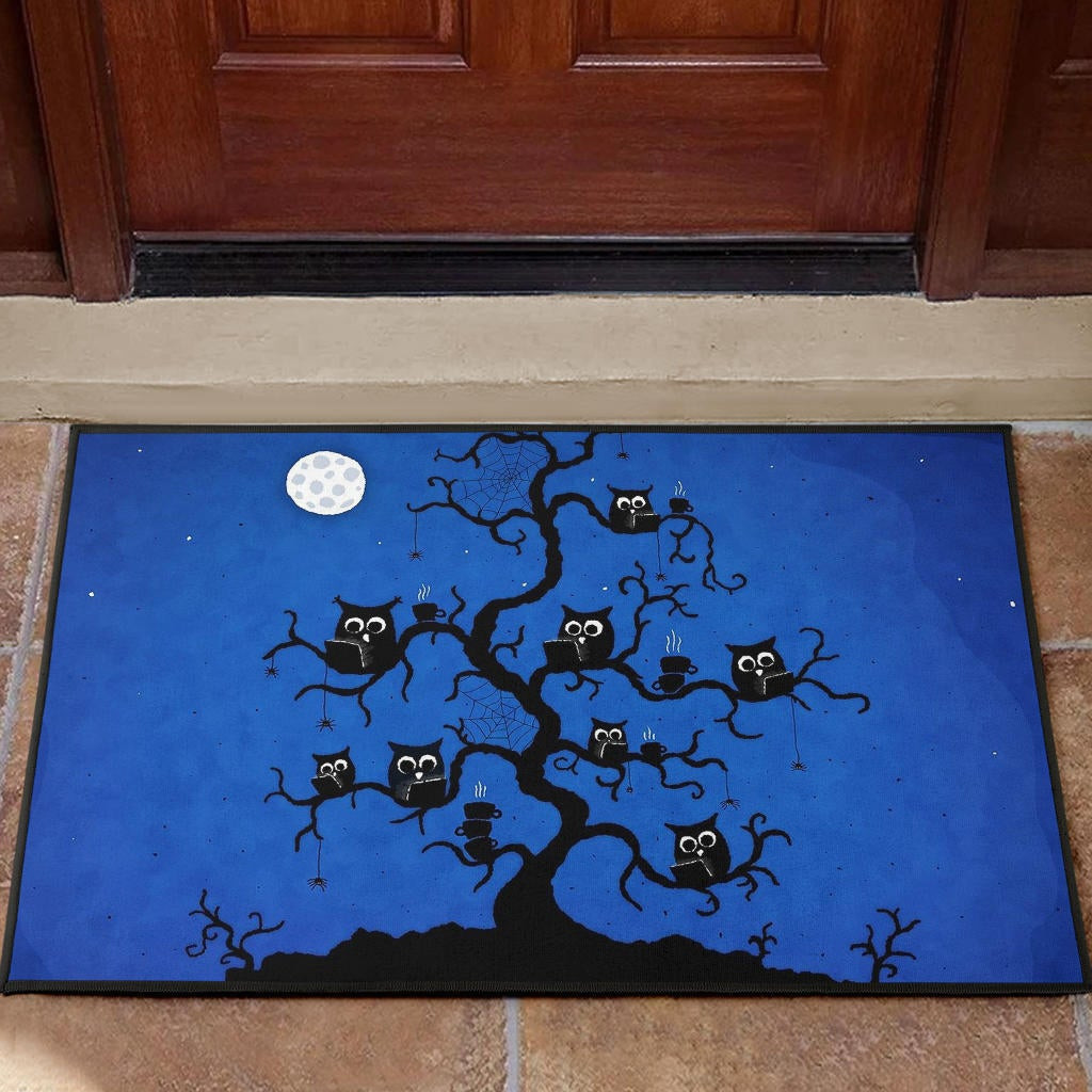 Halloween Rubber Doormat | Black Owl On Tree Branch At Night Rubber Doormat Home Decor