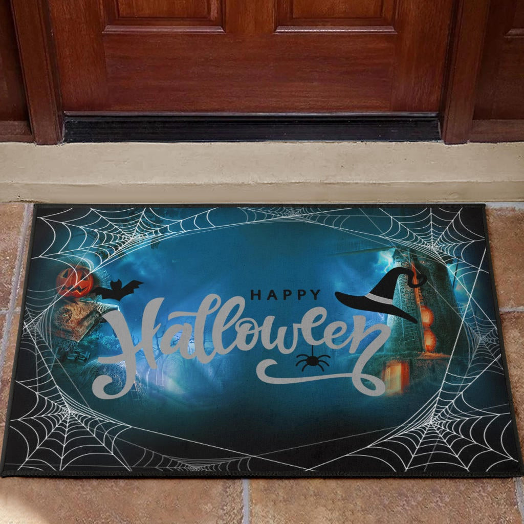 Halloween Rubber Doormat | Blue Halloween Night Sky With Spider Web Rubber Doormat Home Decor