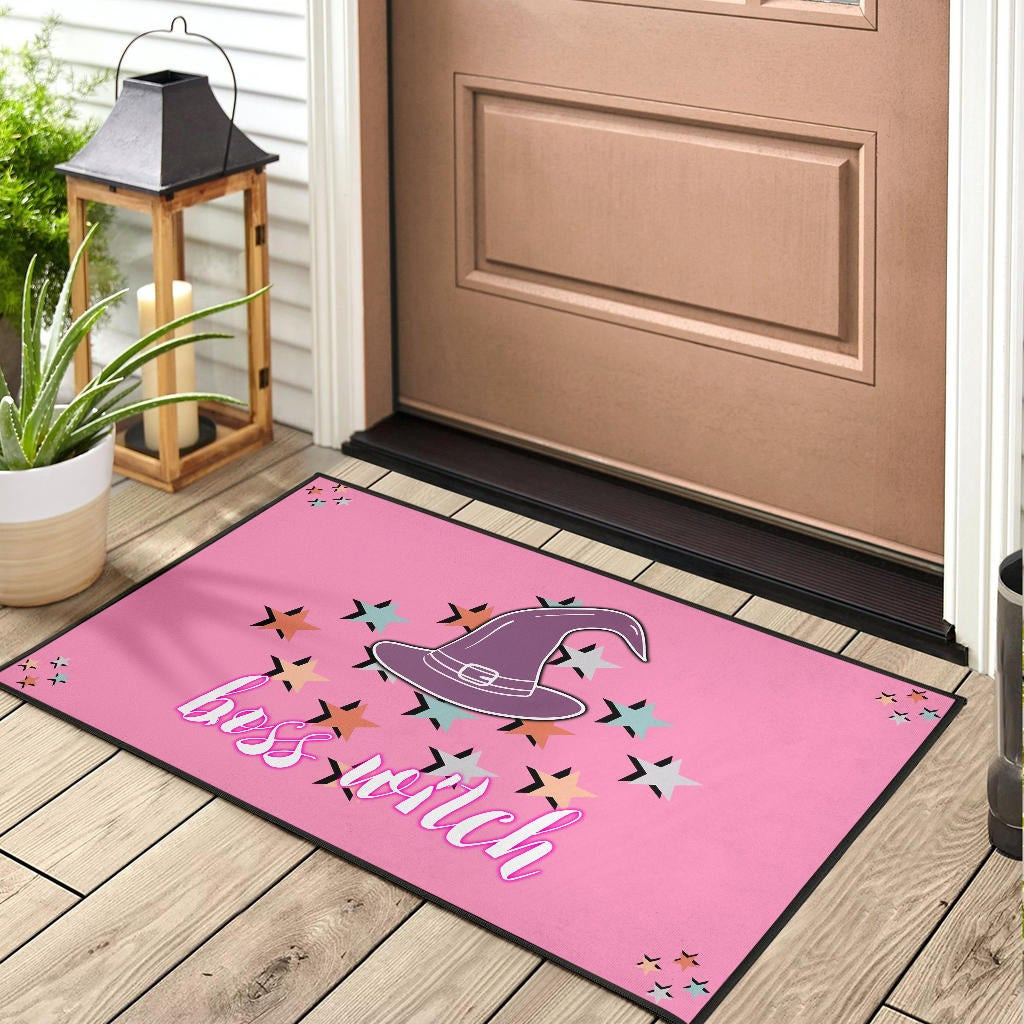 Halloween Rubber Doormat | Boss Witch Hat Star Patterns Pink Rubber Doormat Home Decor - Image 3