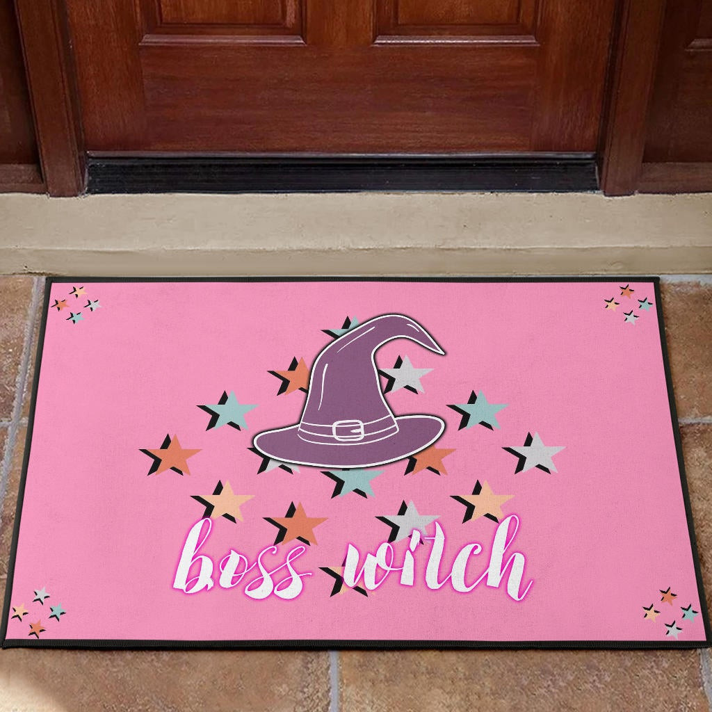 Halloween Rubber Doormat | Boss Witch Hat Star Patterns Pink Rubber Doormat Home Decor