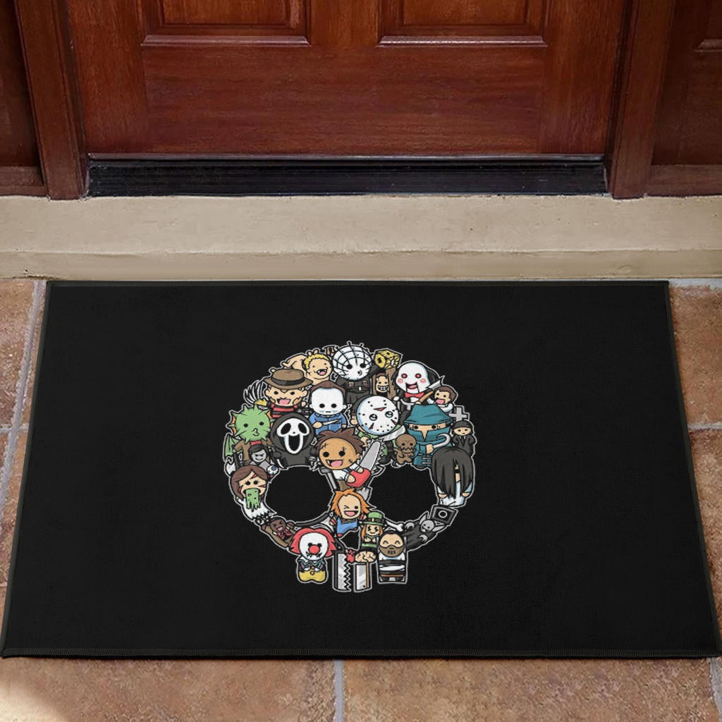 Halloween Rubber Doormat | Cartoon Horror Villains Doodle In Skull Rubber Doormat Home Decor