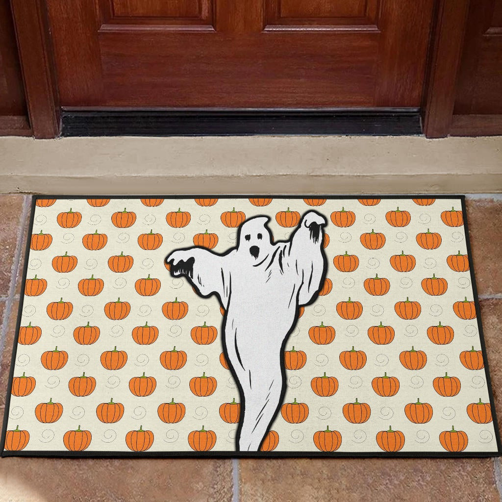 Halloween Rubber Doormat | Ghost Artwork Pumpkin Spiral Patterns Yellow Rubber Doormat Home Decor