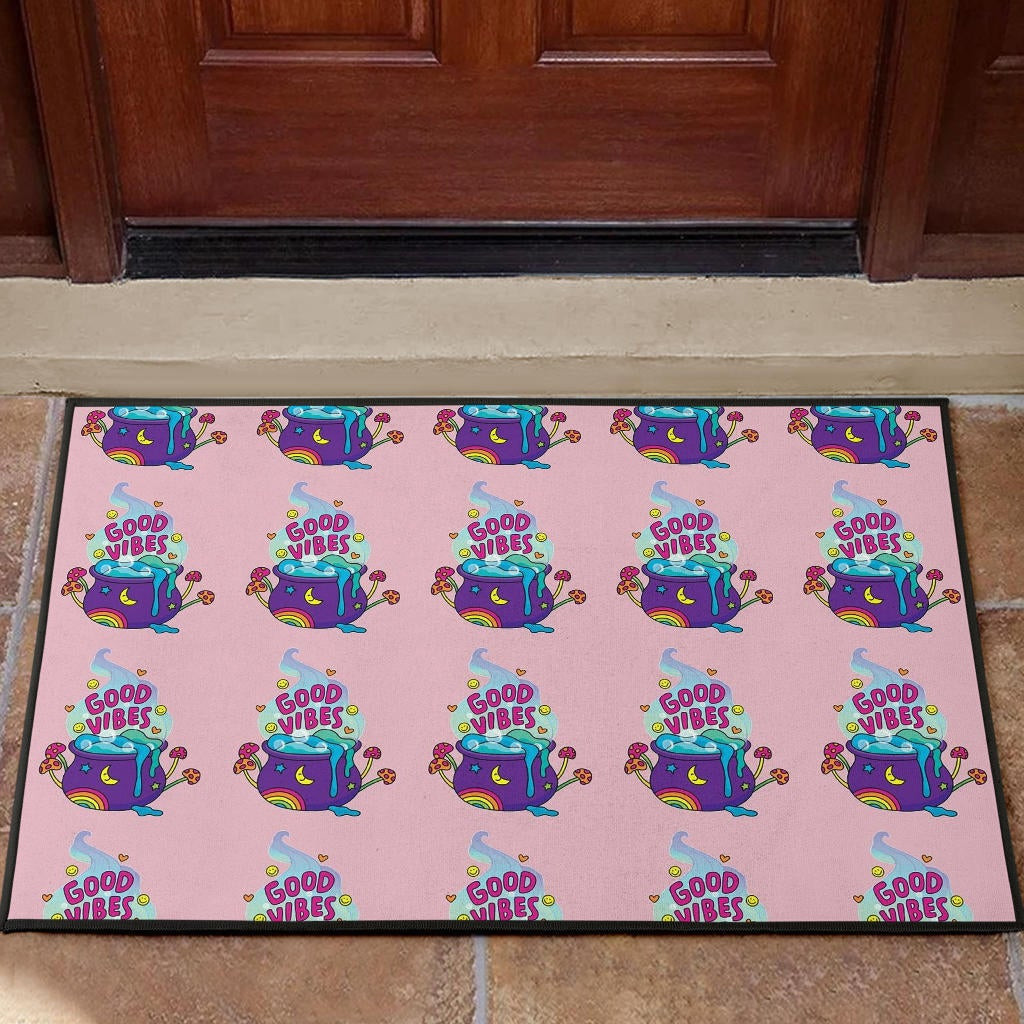 Halloween Rubber Doormat | Good Vibes Witch Bowl Patterns Colorful Pink Rubber Doormat Home Decor