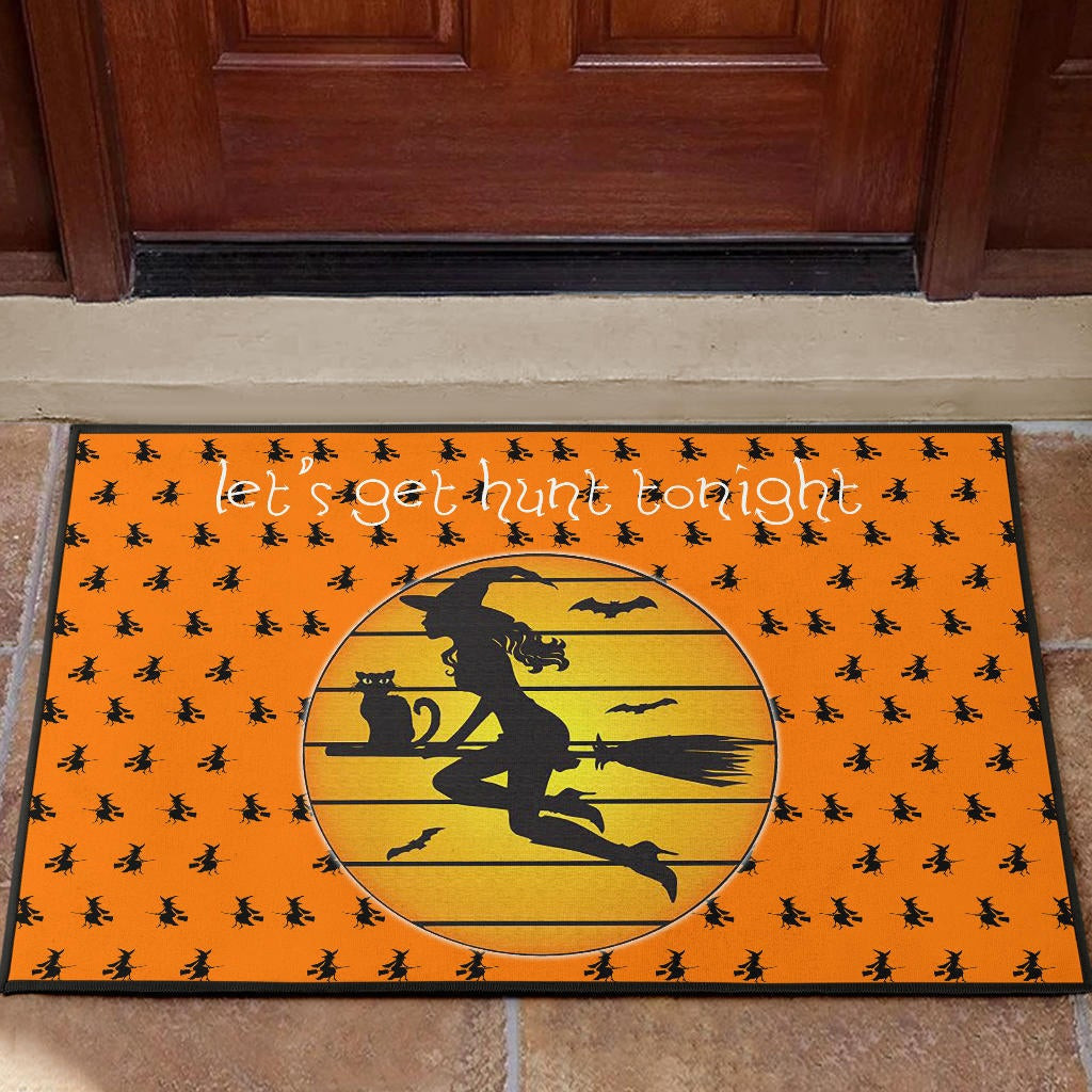 Halloween Rubber Doormat | Witch On Broom And Cat Silhouette Patterns Rubber Doormat Home Decor