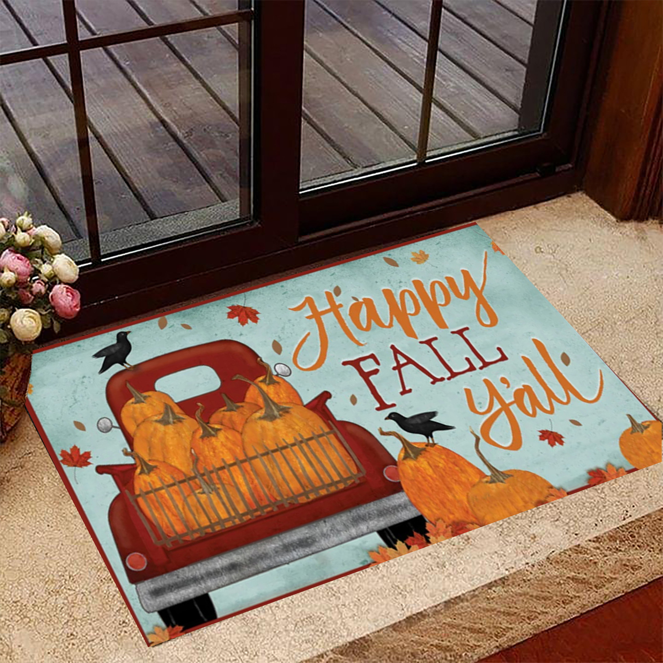 Happy Fall Y'all Rubber Doormat Red Truck Pumpkin Happy Fall Yall Door Mat For Front Door
