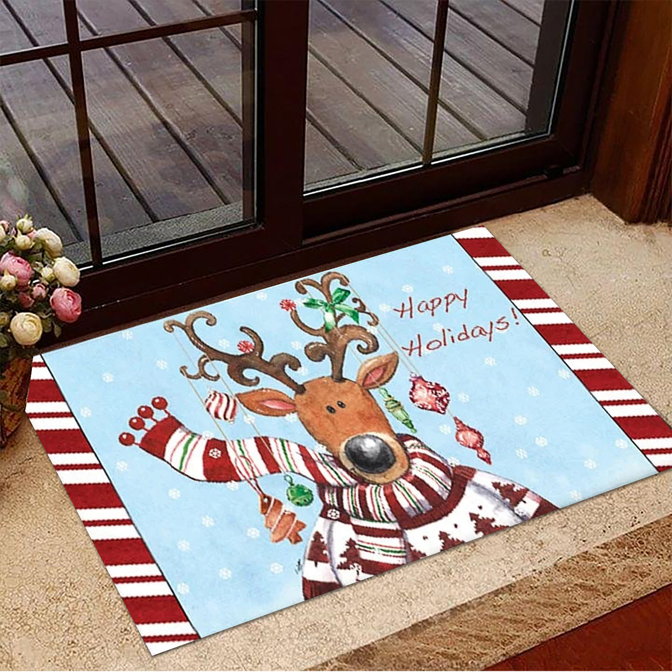 Happy Holidays Christmas Rubber Doormat Winter Xmas Christmas Mats For Front Door Decorative