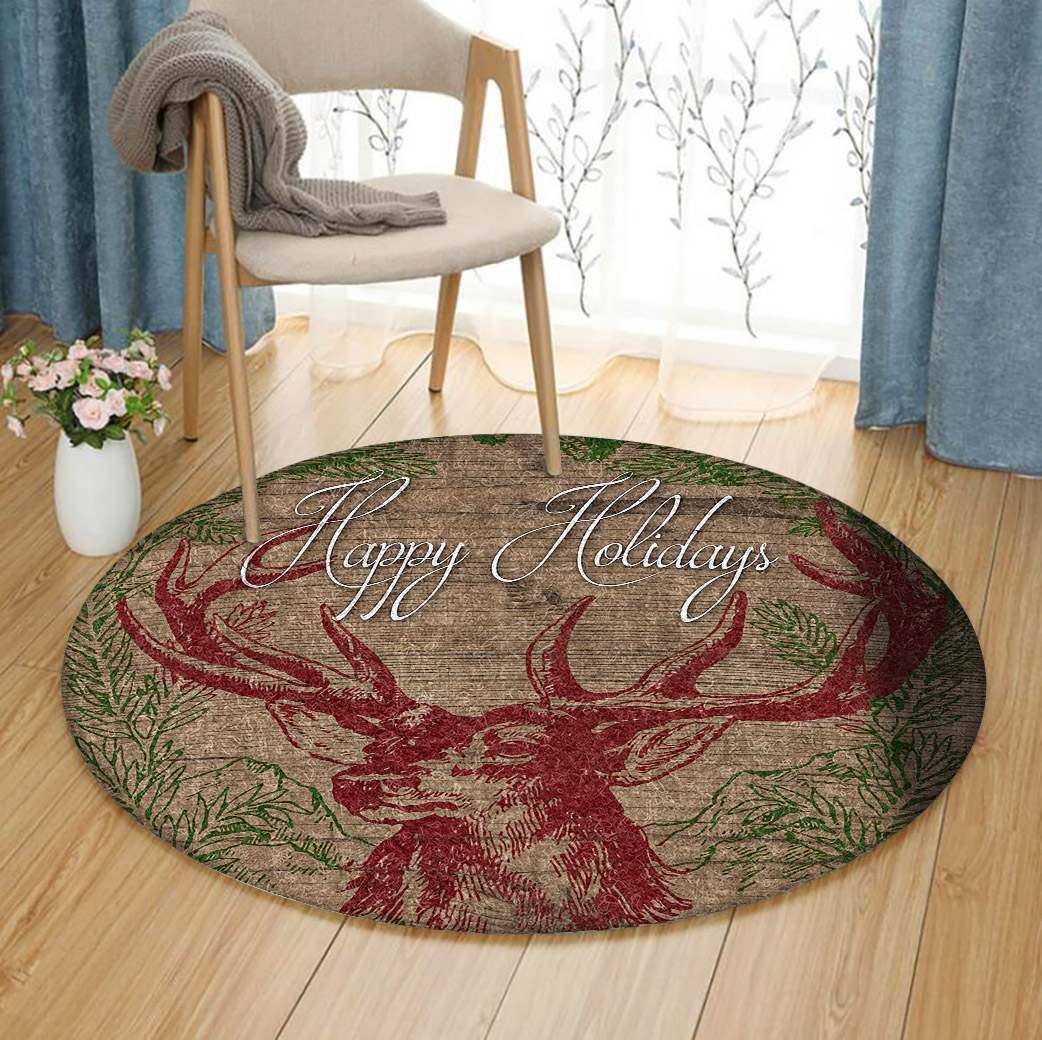 Happy Holidays Deer Round Rug Carpet Bedroom Livingroom Home Decor