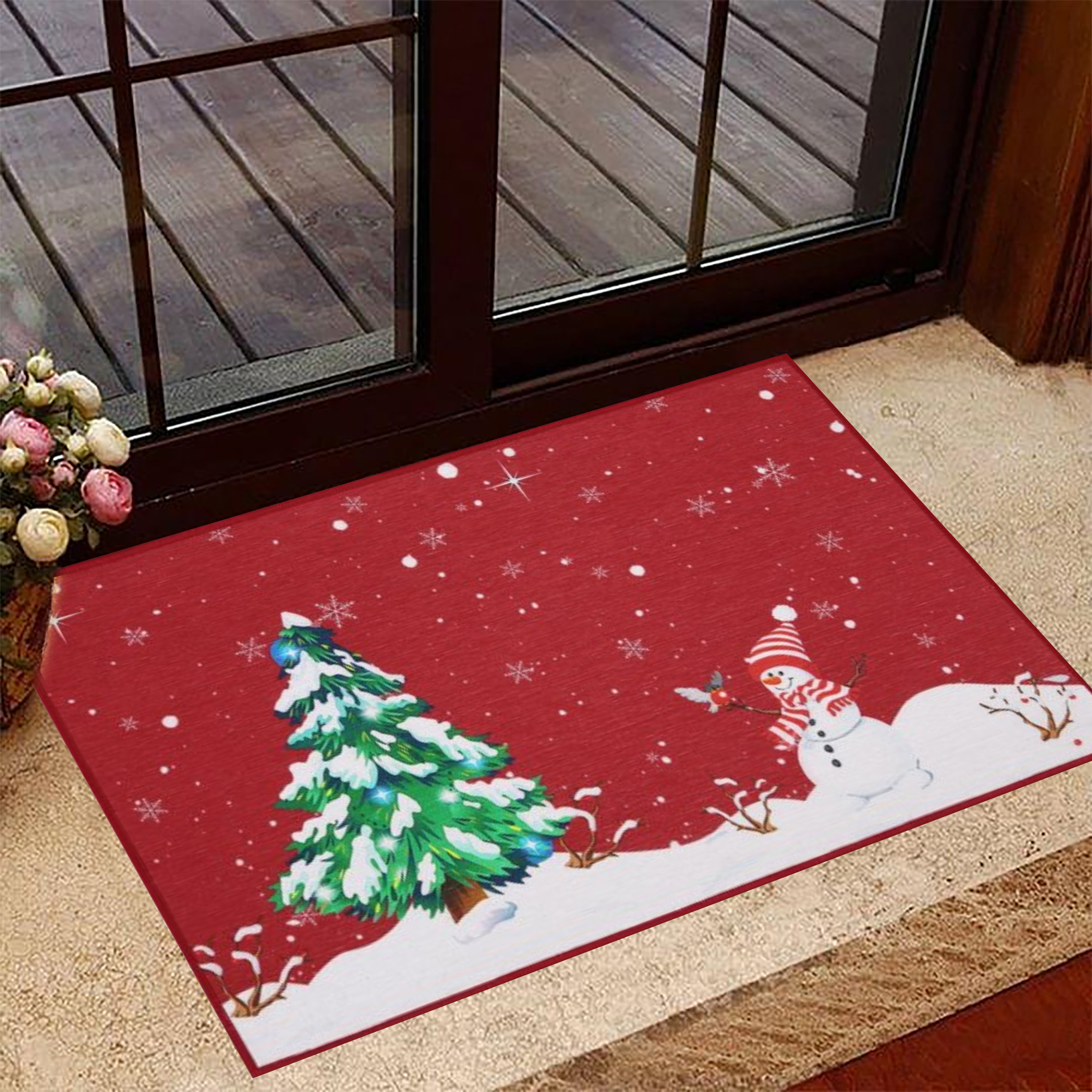 Happy Holidays Rubber Doormat Winter Snowman Snowflake Xmas Rubber Doormat For Front Door