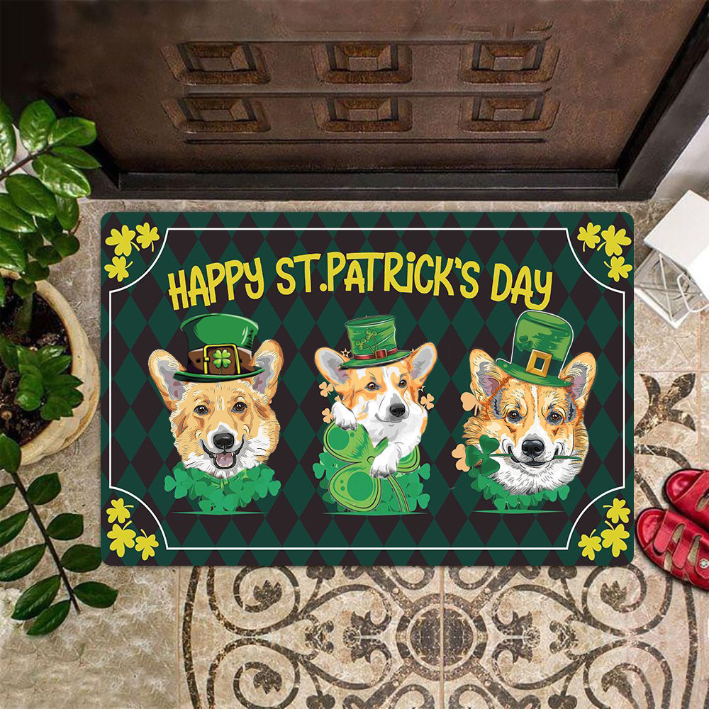 Happy St Patrick's Day Rubber Doormat Corgi Lovers Fun Welcome Mats Saint Patrick's Day Decorations