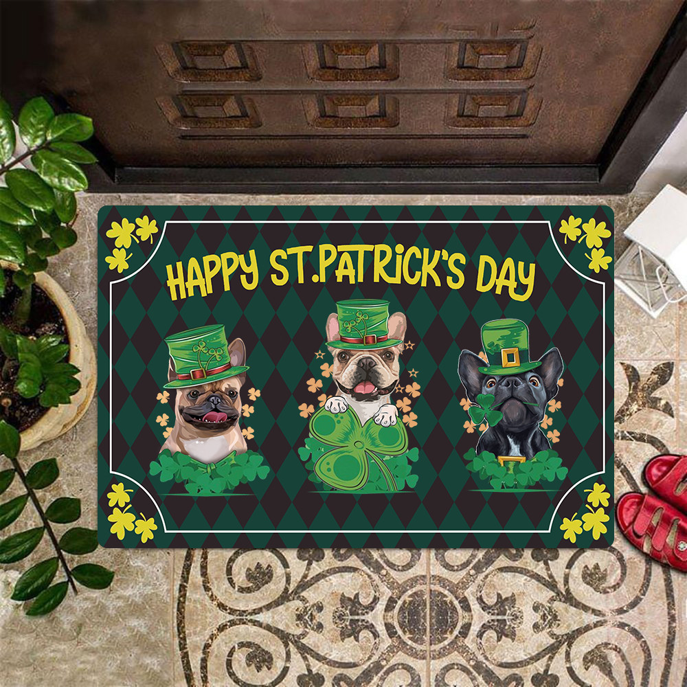 Happy St Patrick's Day Rubber Doormat Frenchie Owners Funny Front Door Mats St Patrick's Day Decor