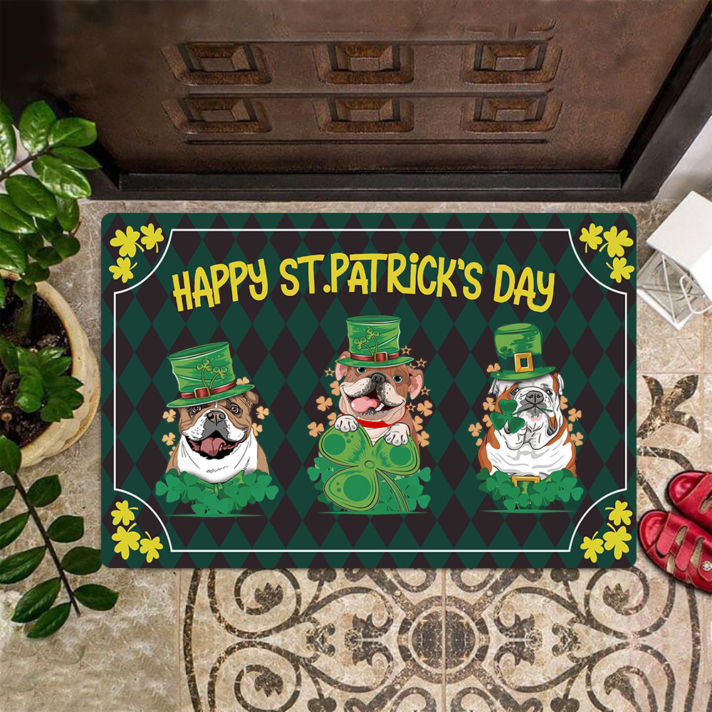 Happy St Patrick's Day Rubber Doormat Funny Dog Welcome Mats Gifts For Bulldog Lovers