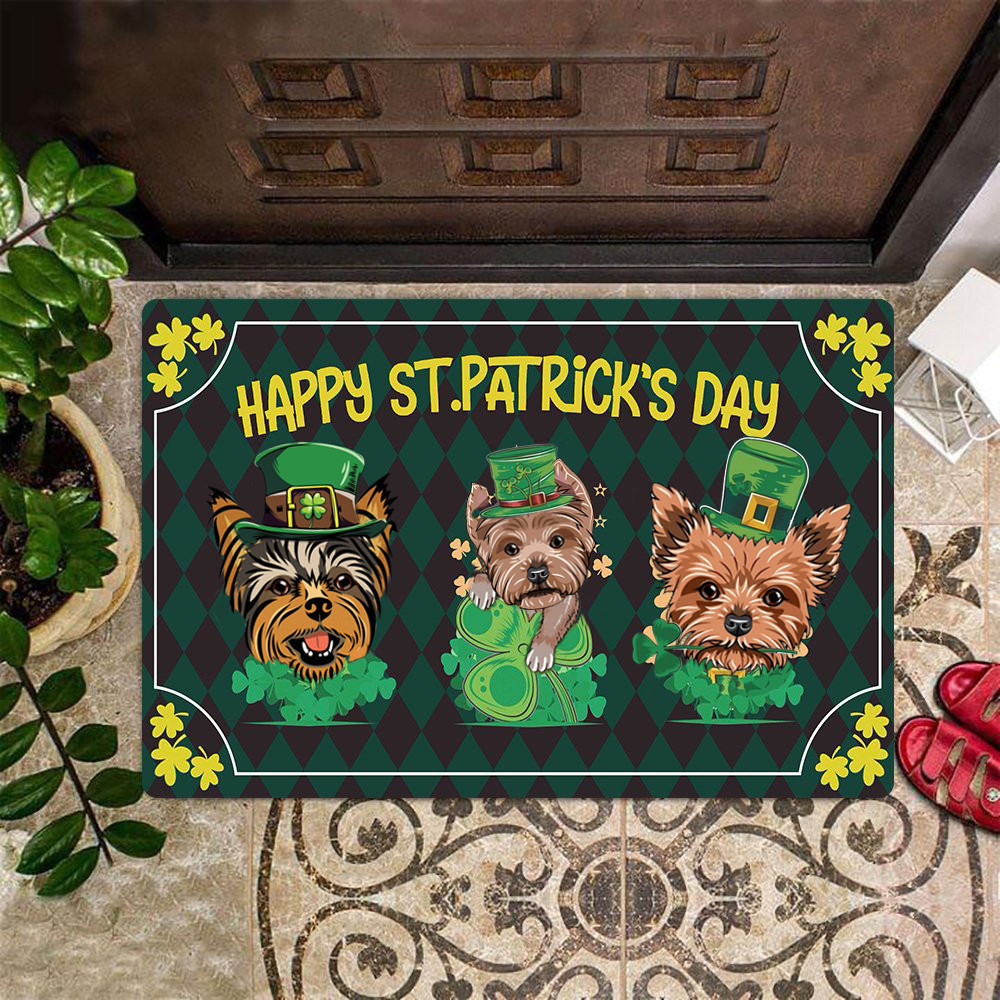 Happy St Patrick's Day Rubber Doormat Yorkshire Terrier Owner Fun Front Door Mats Saint Patrick Decor