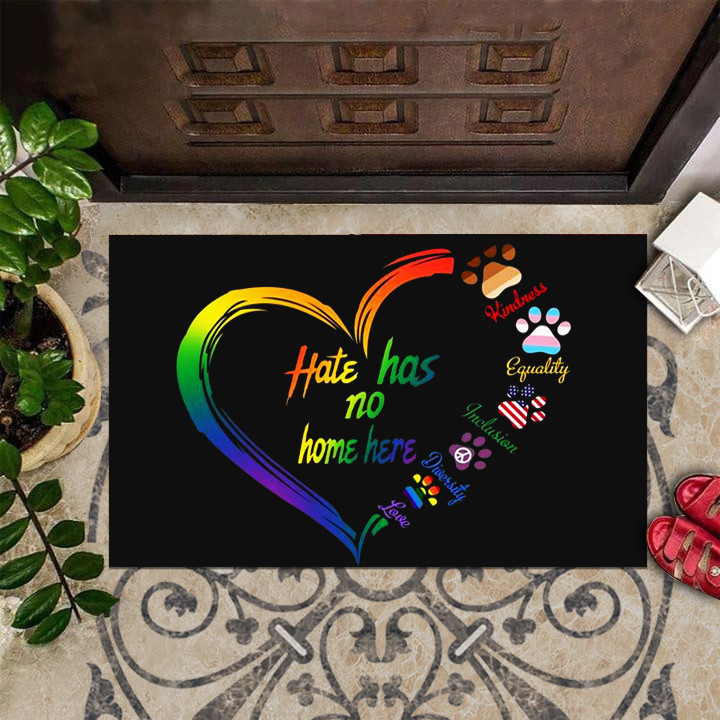 Hate Has No Home Here Rubber Doormat Dog Paw Support Kindness Equality Peace LGBT Door Mat Gift