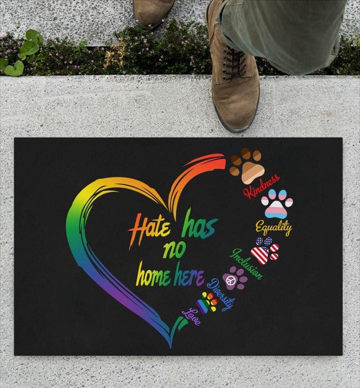 Hate Has No Home Here Rubber Doormat Dog Paw Support LGBT Equality Kindness Door Mat Gift
