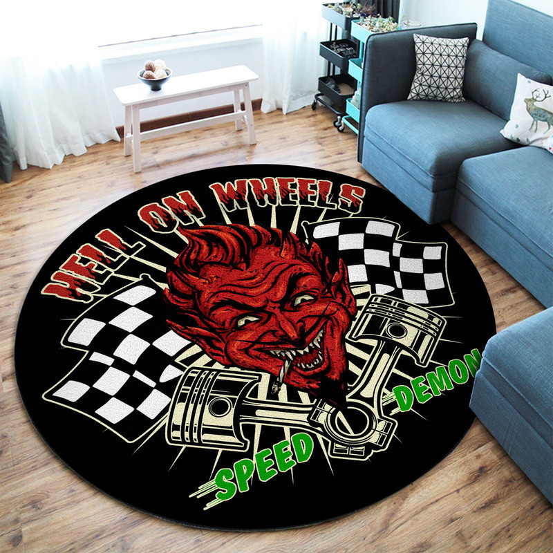 Hell On Wheels Speed Demon Garage Decor, Home Bar Decor Hot Rod Round Rug Carpet Bedroom Livingroom Home Decor