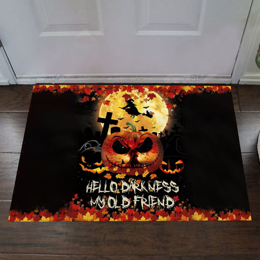 Hello Darkness My Old Friend Rubber Doormat Halloween Pumpkin Front Door Mat Indoor Halloween Decor