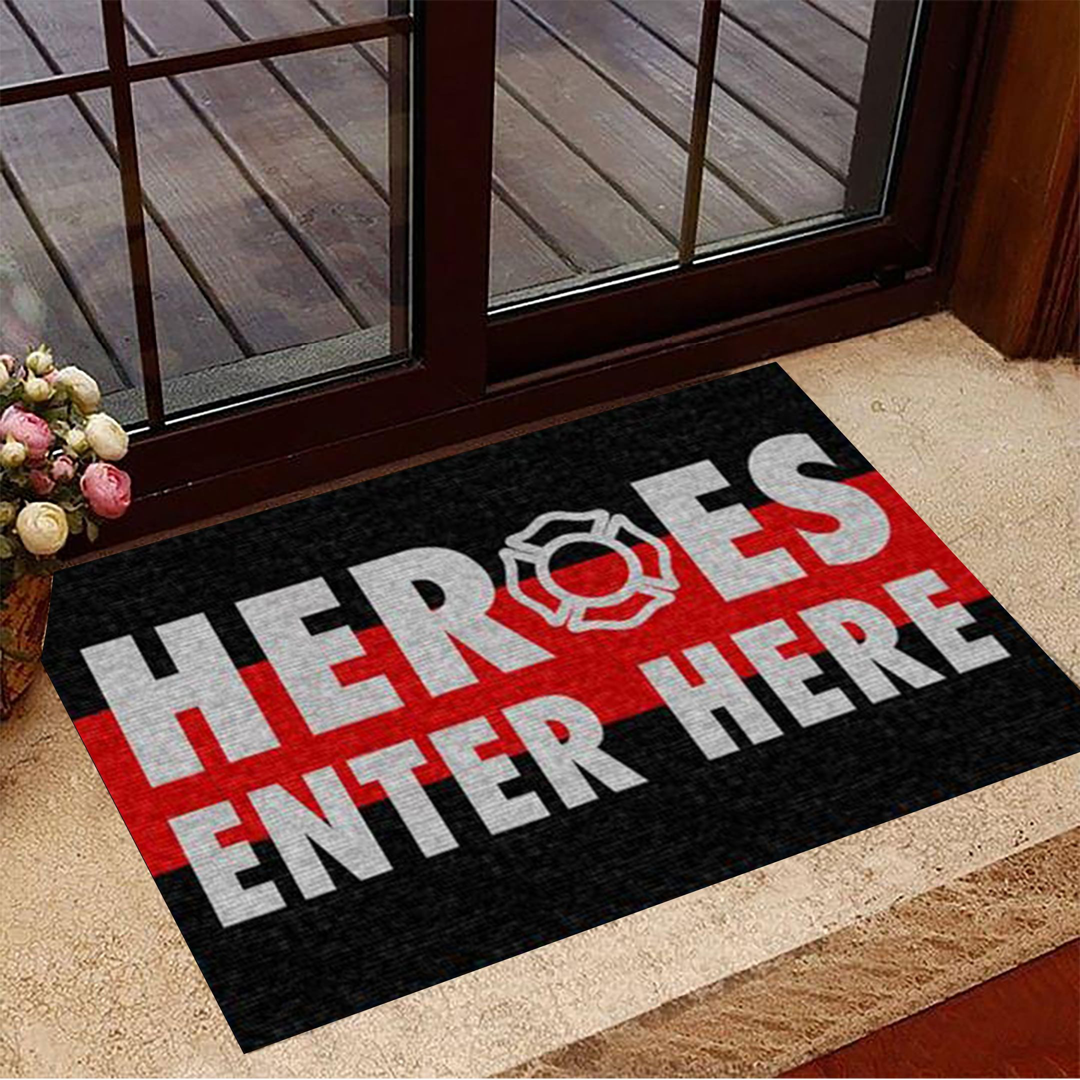 Heroes Enter Here Firefighter Rubber Doormat Thin Red Line Rubber Doormat House Decor