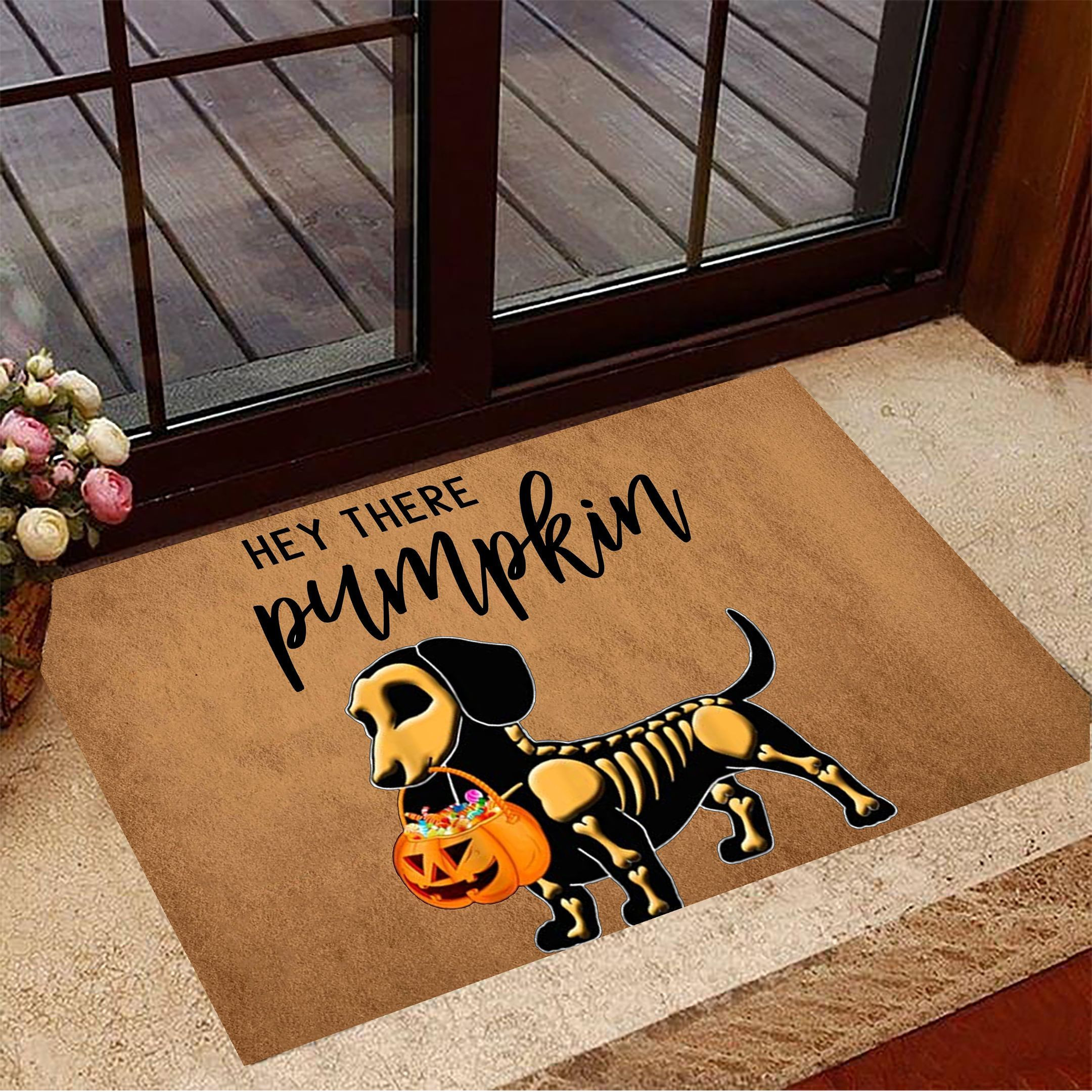 Hey There Pumpkin Rubber Doormat Funny Dachshund Skeleton Halloween Rubber Doormat