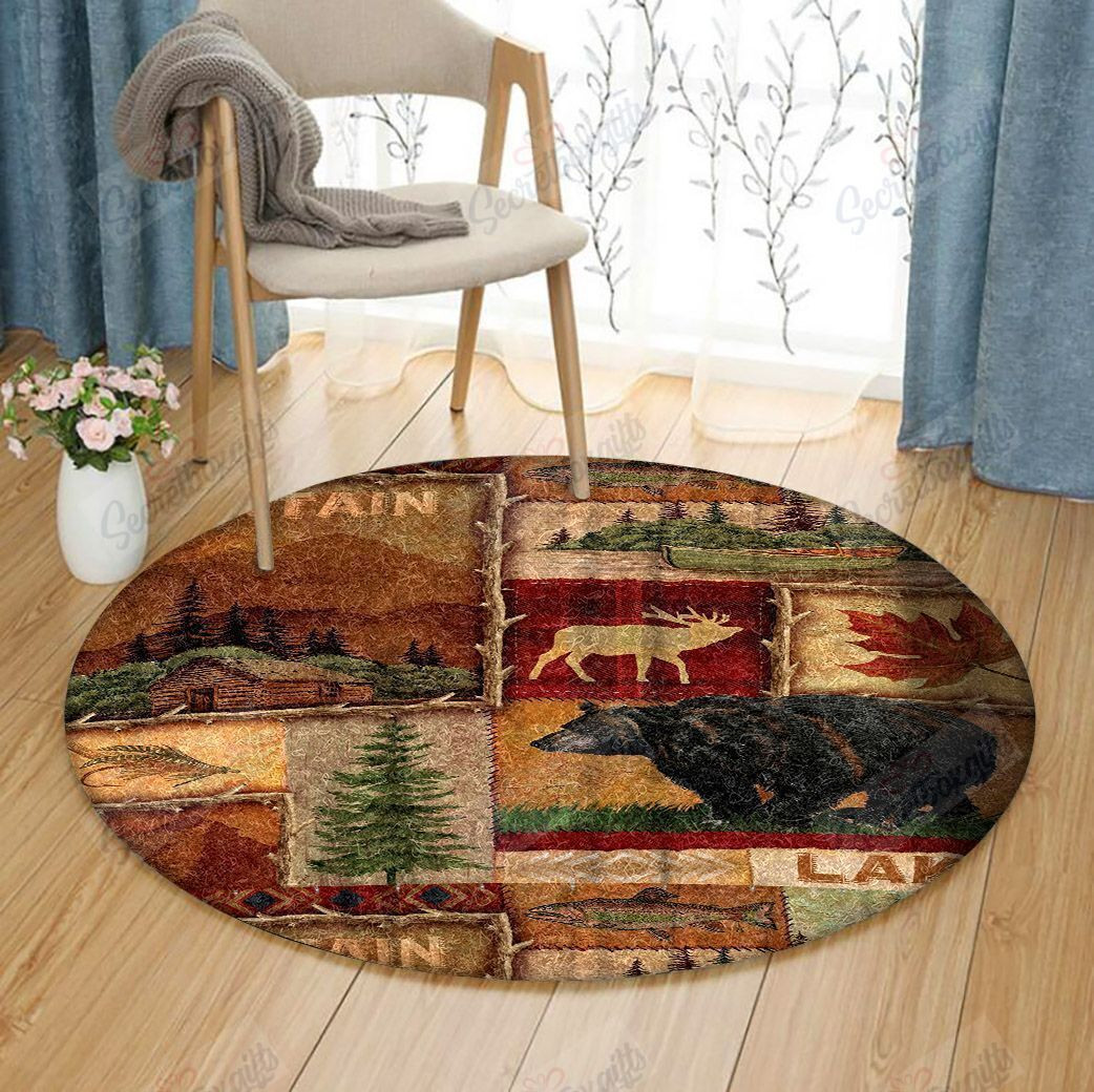 Hills Lodge Moose Bear Round Rug Carpet Bedroom Livingroom Home Decor
