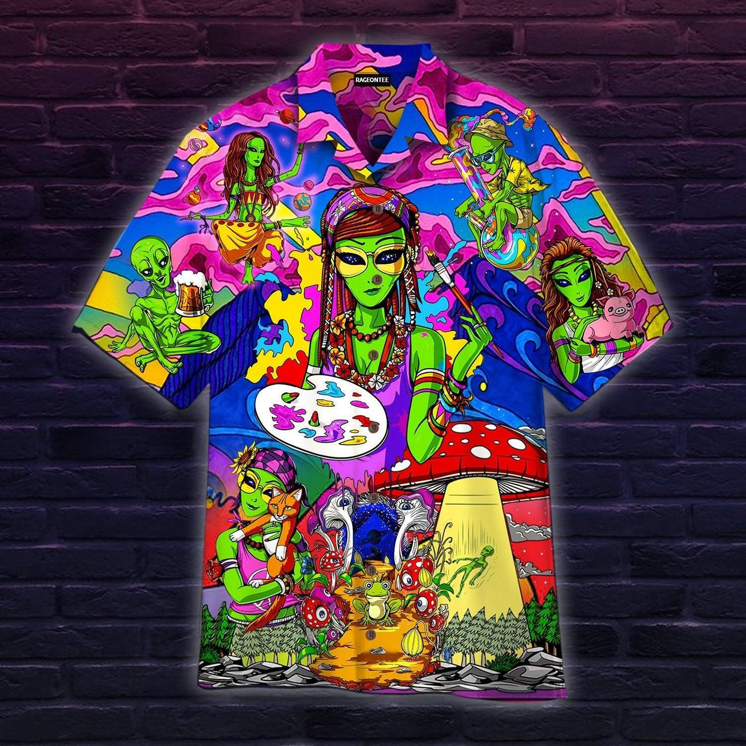 Hippie Alien Mushrooms Peace Life Hawaiian Shirt