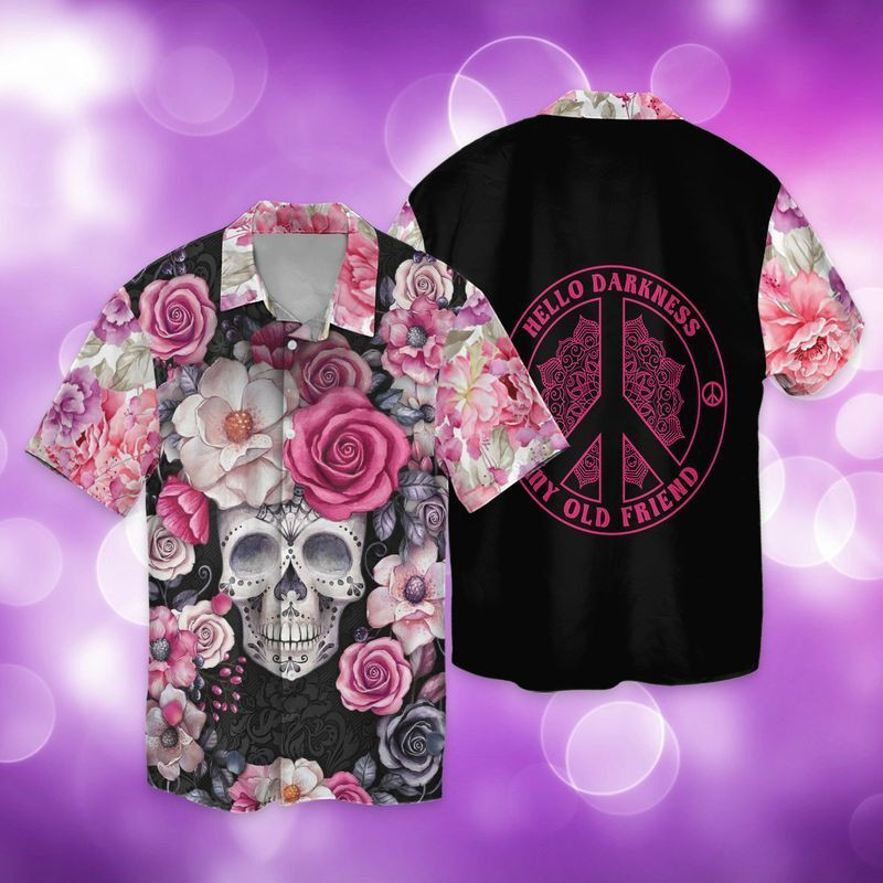 Hippie Skull Flowers Hello Darkness My Old Friend Love Peace Hawaiian Shirt