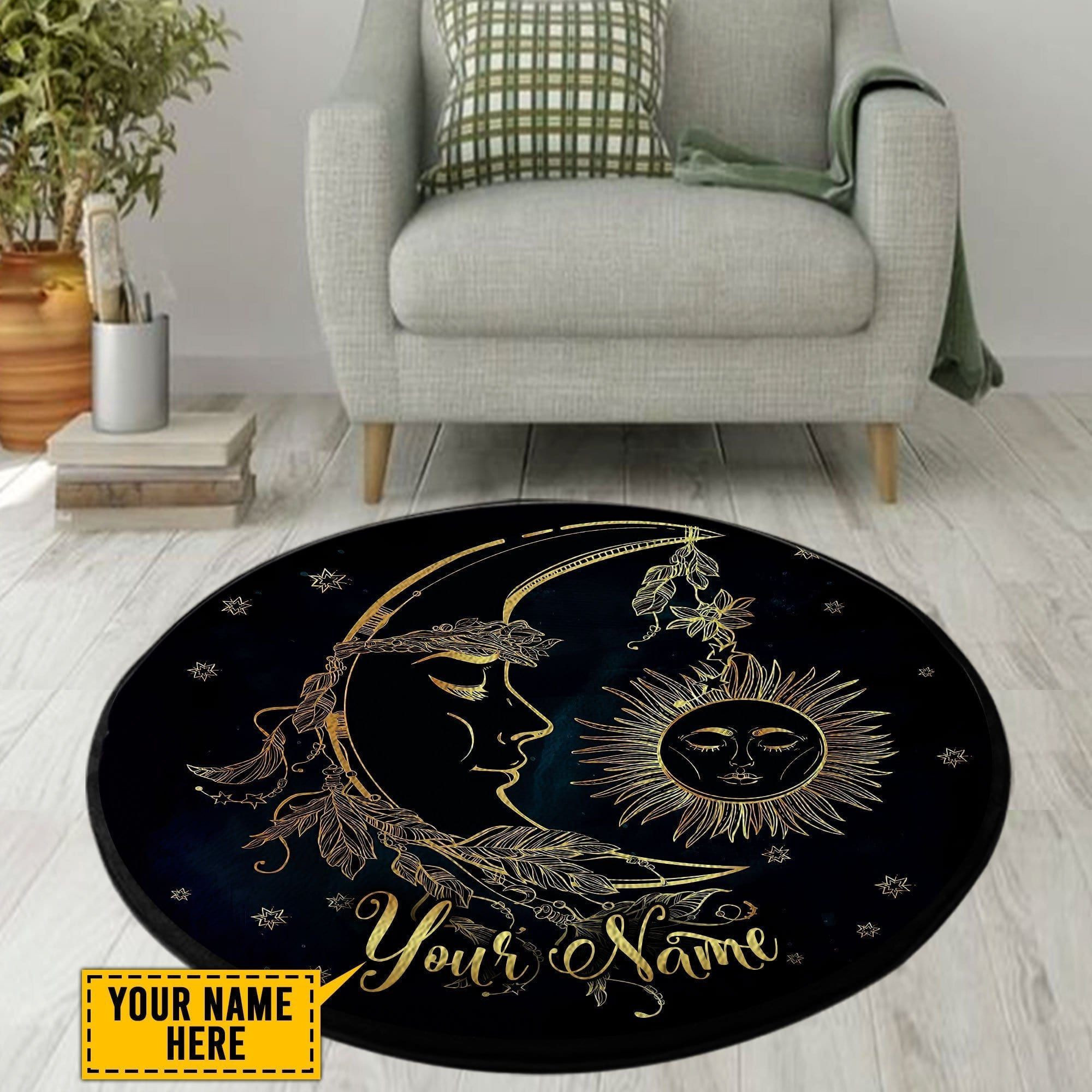 Hippie Sun & Moon Custom Name Round Rug Carpet Bedroom Livingroom Home Decor