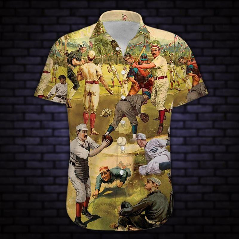 Hit Hard Run Fast Turn Left Vintage Baseball Hawaiian Shirt