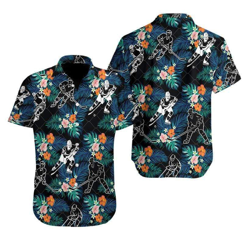 Hockey Player Black Tropical Hibiscus Hawaiian Shirt