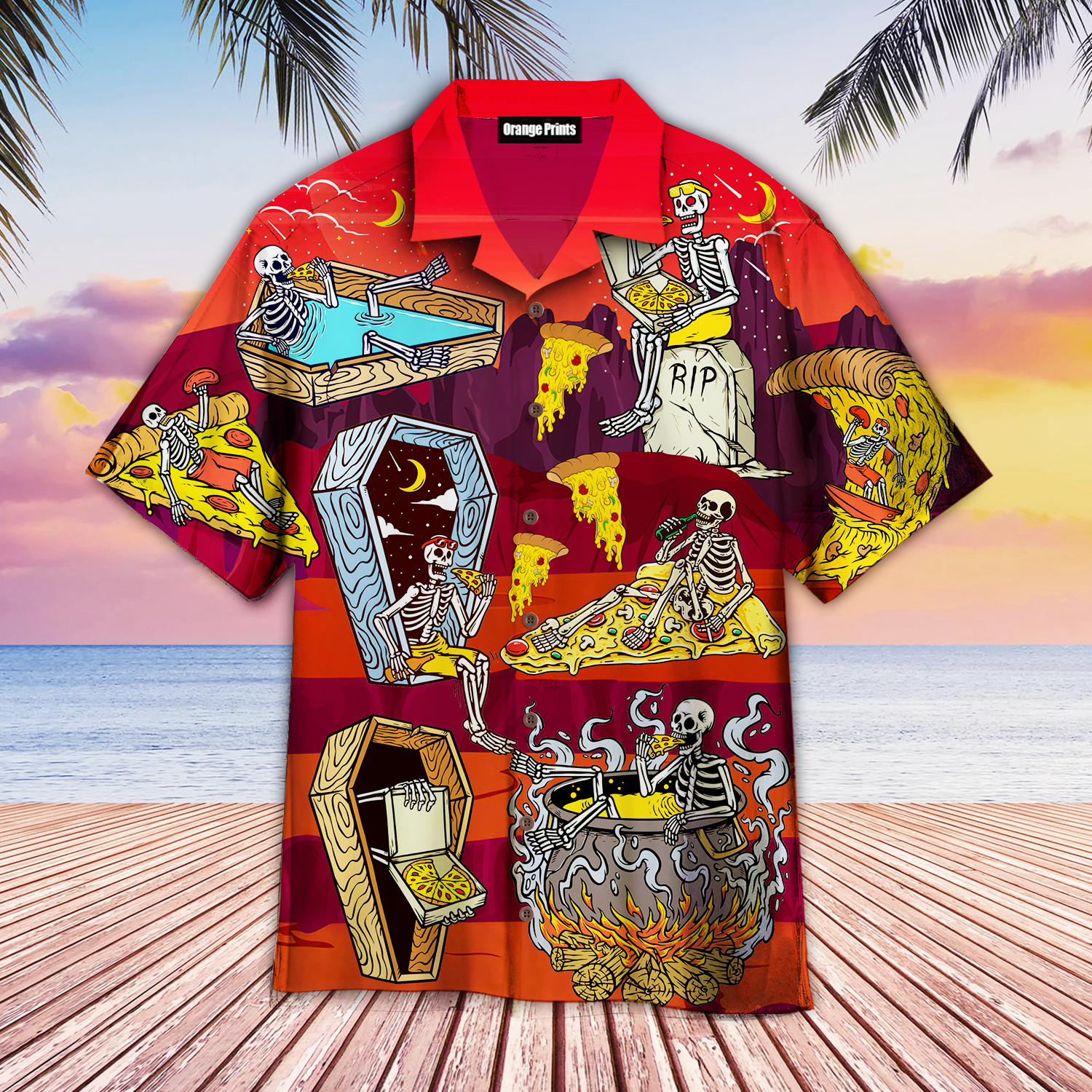 Honor Skull Eating Pizza Hawaiian Shirt