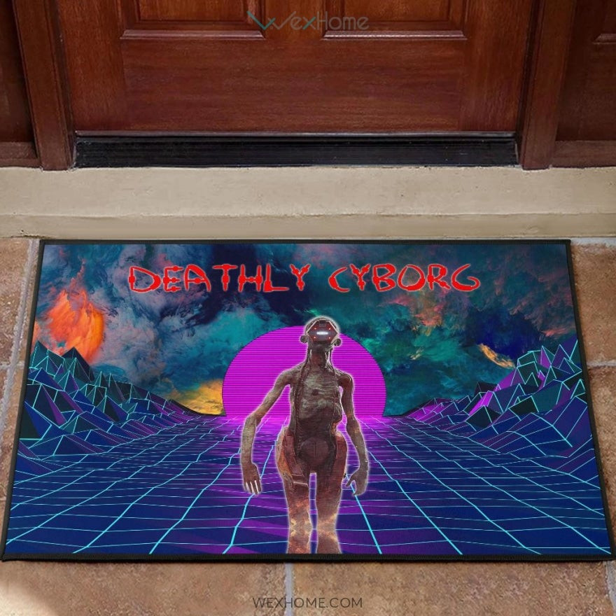 Horror Movie Deathly Cyborg Alien And Robot Retrowave Rubber Doormat Home Decor