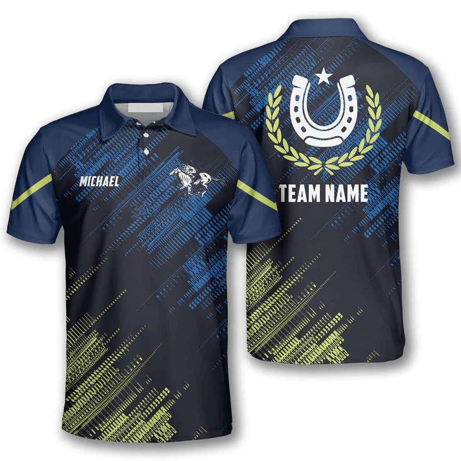 Horse Racing Green Blue Sports Polo Shirts for Men, Horse Racing Shirt, Horse Racing Gift, Horse Lover Shirt