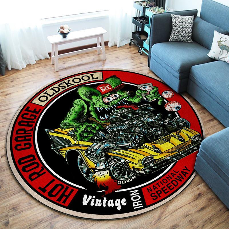 Hot Rod Garage Old Skool Round Rug Carpet Bedroom Livingroom Home Decor