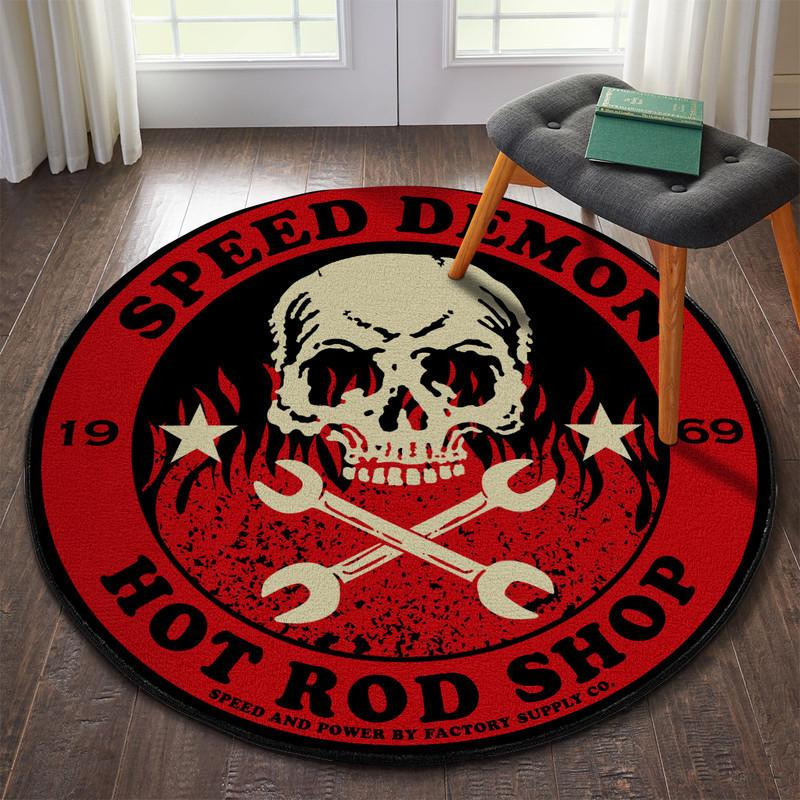 Hot Rod Race Speed Demon Skull Round Rug Carpet Bedroom Livingroom Home Decor