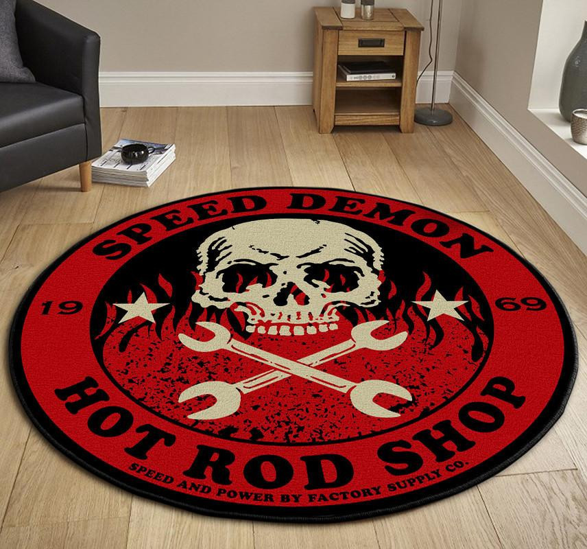 Hot Rod Race Speed Demon Skull Round Rug Carpet Bedroom Livingroom Home Decor - Image 3