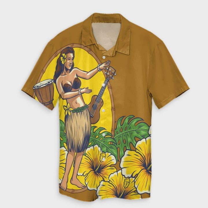 Hula Girl Monstera Hibiscus Polynesian Hawaiian Shirt