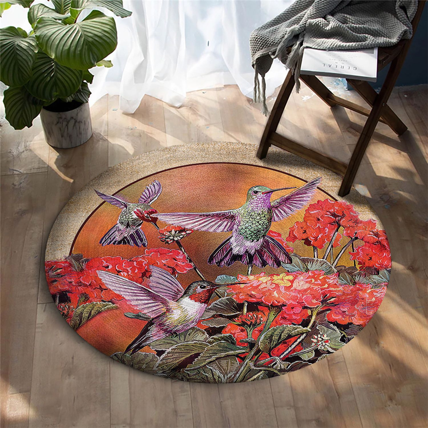 Hummingbirds And Flowers Round Rug Carpet Bedroom Livingroom Home Decor
