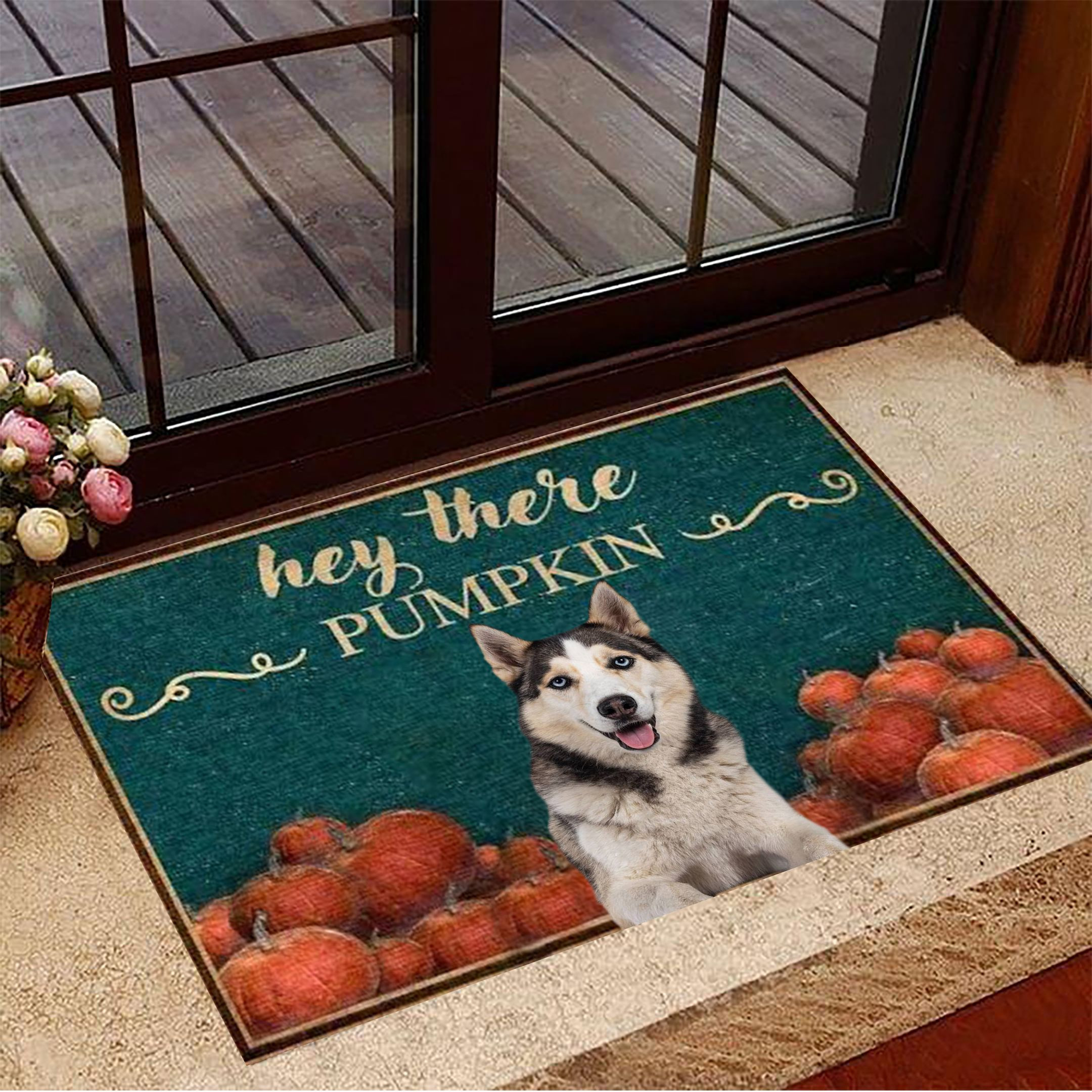 Husky Hey There Pumpkin Rubber Doormat Autumn Rubber Doormat Gifts For Husky Lovers