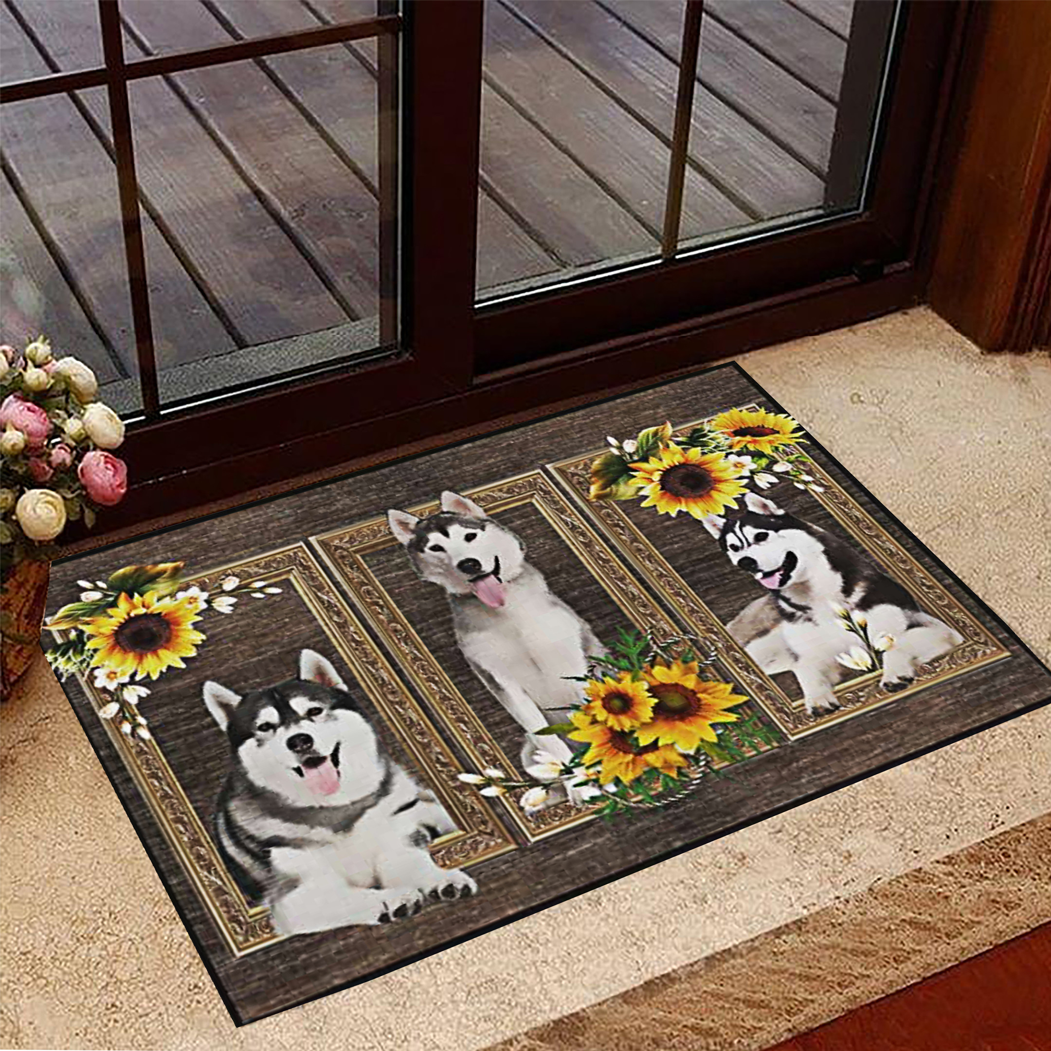 Husky Rubber Doormat Sunflower Dog Welcome Mat Decorative Themed Gifts For Husky Lovers