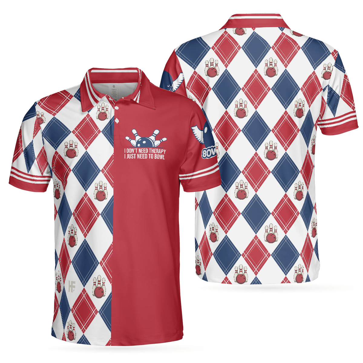 I Dont Need Therapy I Just Need To Bowl Polo Shirt Argyle Pattern Bowling Shirt For Men Gift For Bowling Lovers