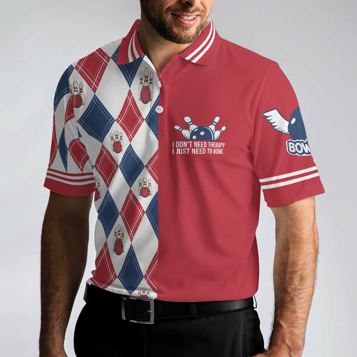 I Dont Need Therapy I Just Need To Bowl Polo Shirt Argyle Pattern Bowling Shirt For Men Gift For Bowling Lovers - Image 5