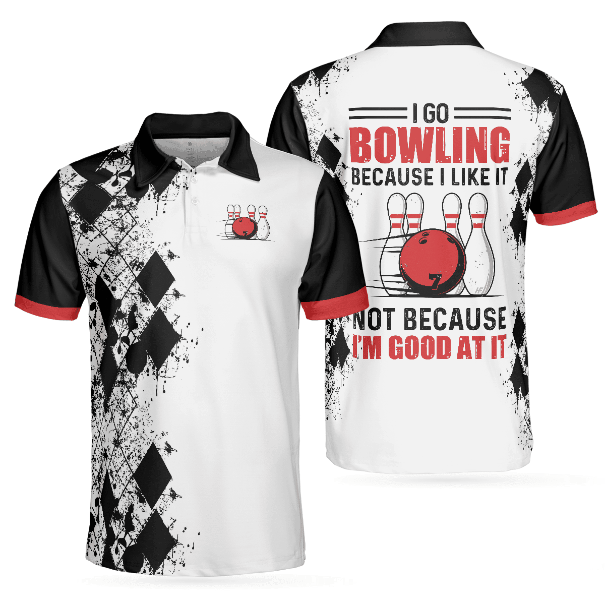 I Go Bowling Because I Like It Men Polo Shirt Black Argyle Pattern Shirt Design Best Polo Style Bowling Shirt