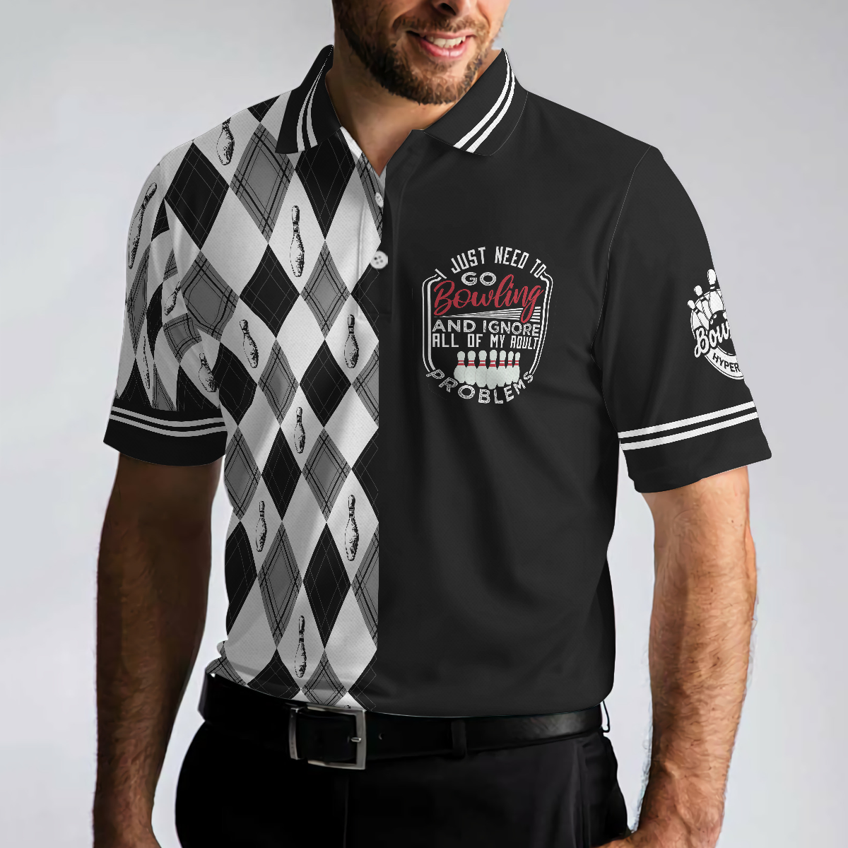 I Just Need To Go Bowling Polo Shirt Black And White Argyle Pattern Polo Shirt Best Bowling Shirt For Men - Image 5