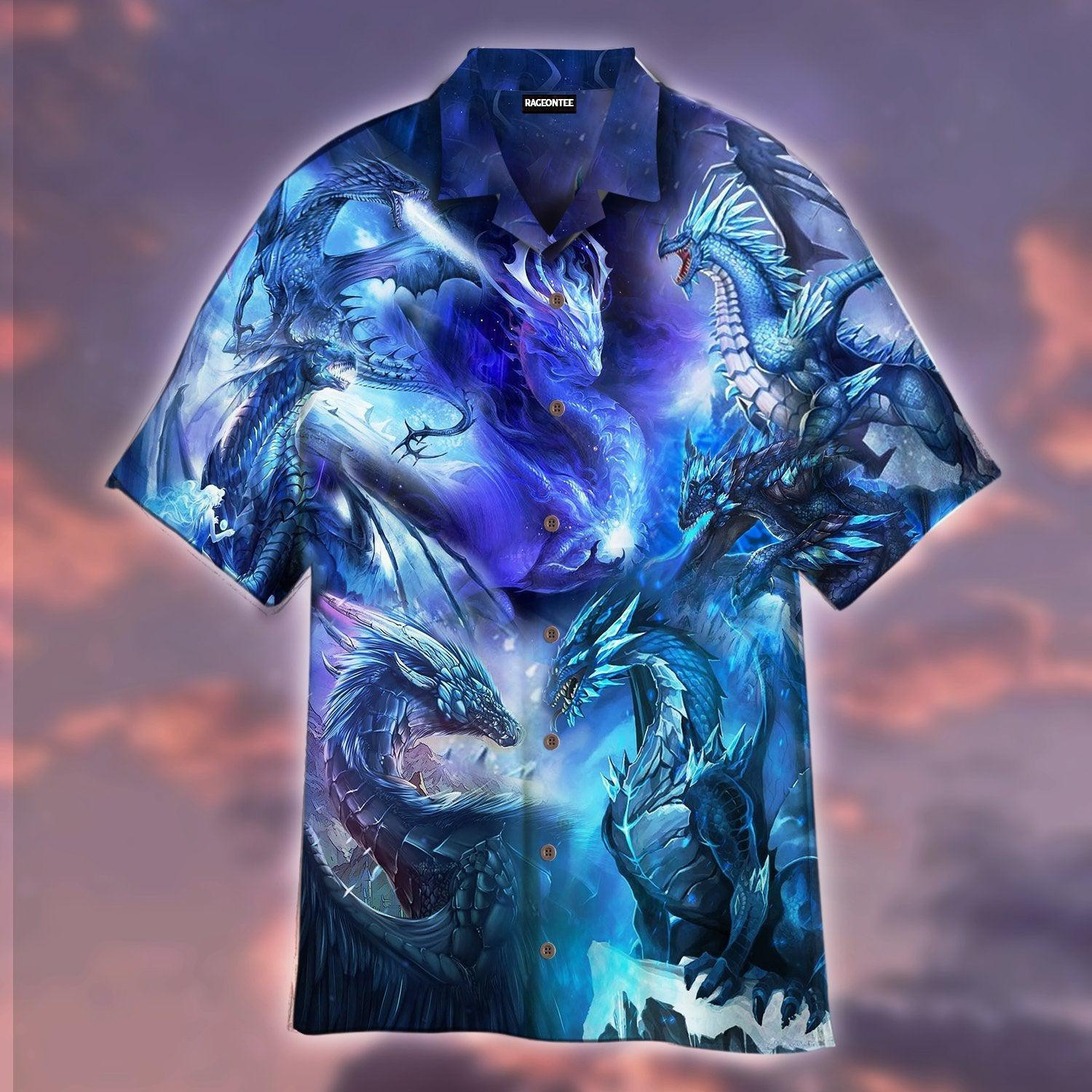 Ice Blue Dragon In The Sky Hawaiian Shirt
