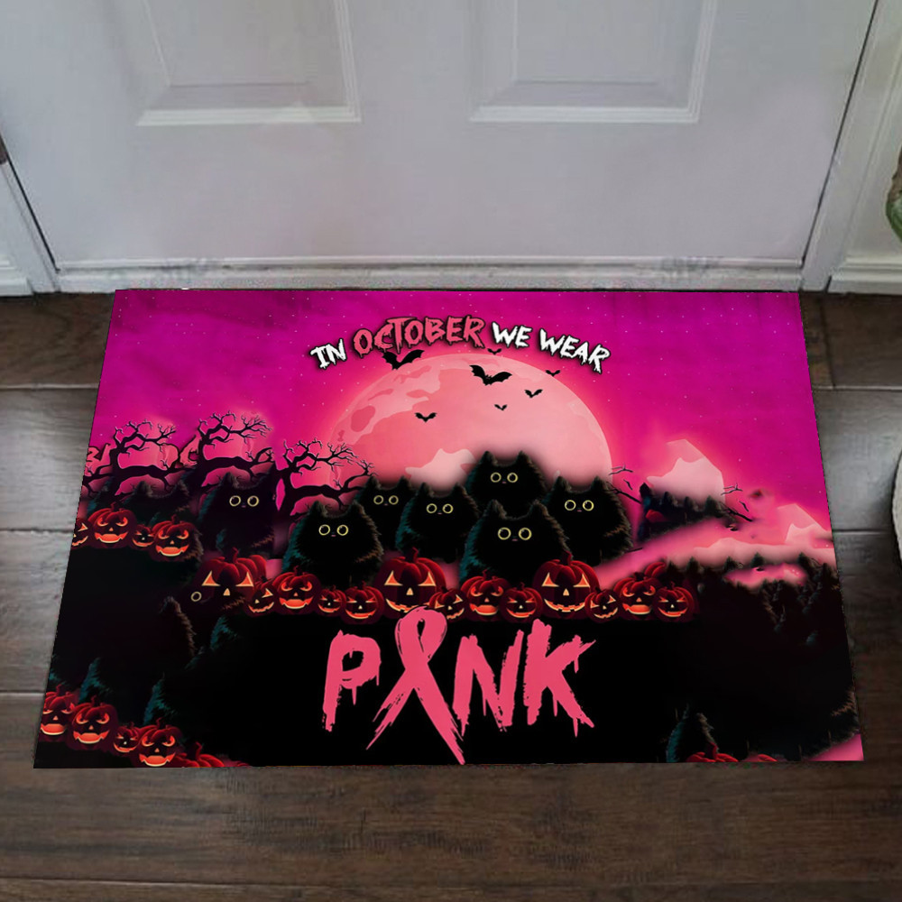 In October We Wear Pink Halloween Rubber Doormat Funny Cat Welcome Mats Halloween Home Decor