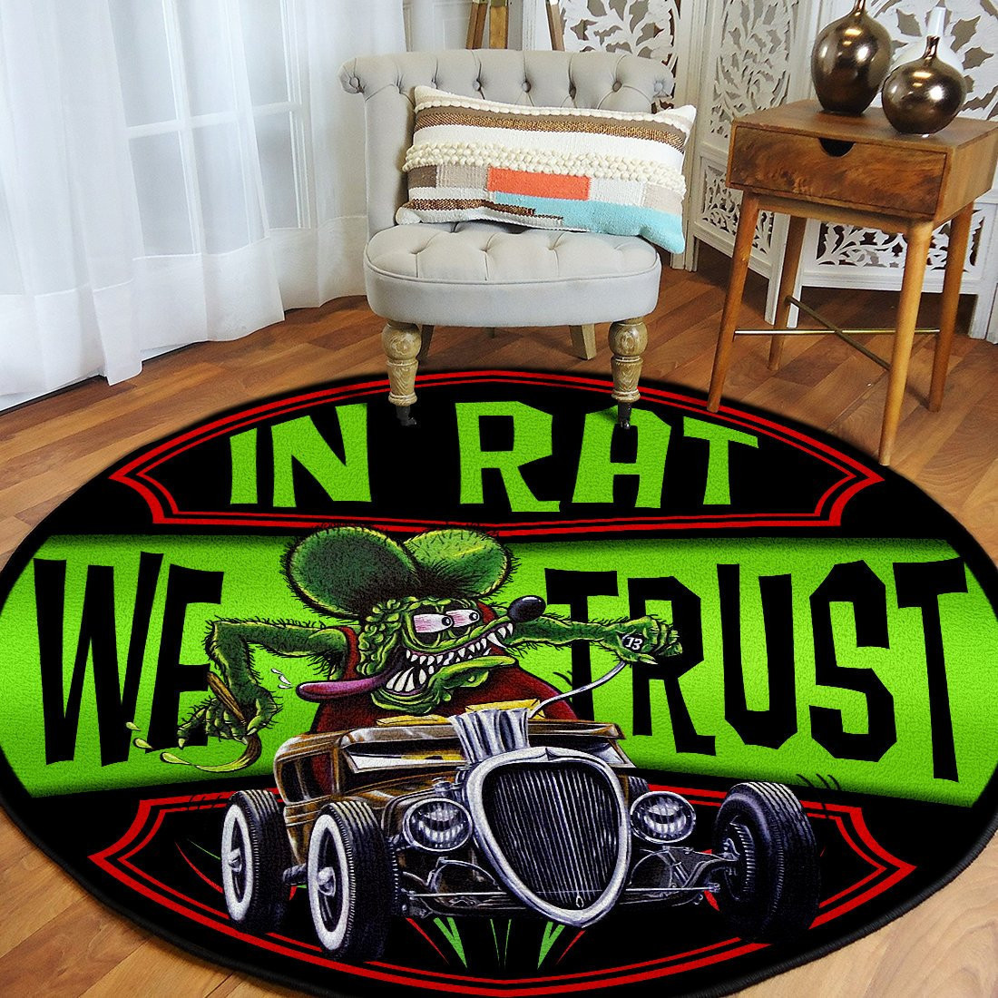 In Rat We Trust Rat Fink Round Rug Carpet Bedroom Livingroom Home Decor - Image 3