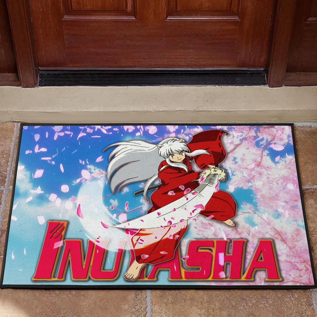 Inuyasha Anime Rubber Doormat Inuyasha Using Sword Sakura Blossom Flower Flying Rubber Doormat Home Decor