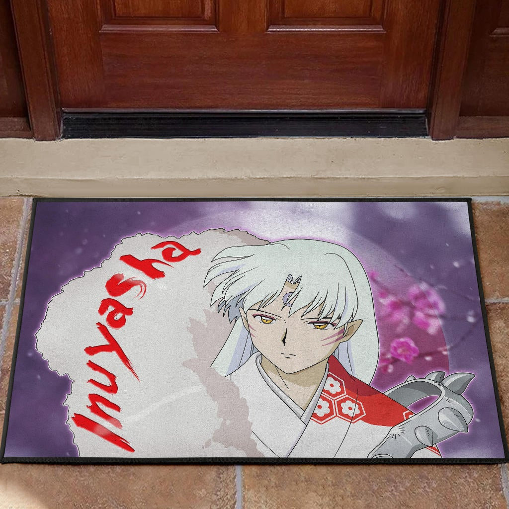 Inuyasha Anime Rubber Doormat Sad Sesshomaru Face Sakura Blossom Flower At Night Rubber Doormat Home Decor