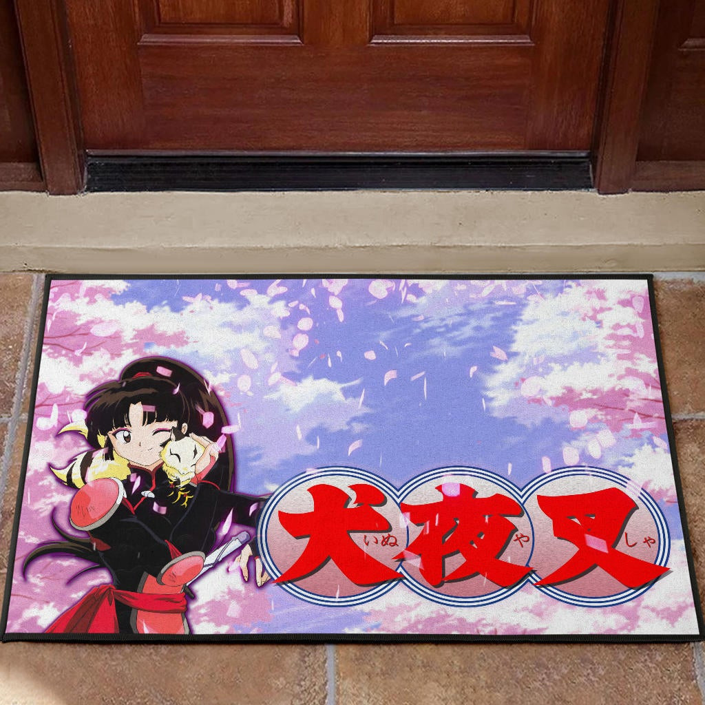 Inuyasha Anime Rubber Doormat Sango And Kirara Hugging Sakura Blossom Kanji Text Rubber Doormat Home Decor
